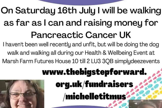 The poster publicising brave Michelle Titmus's walk to raise money for Pancreatic Cancer UK