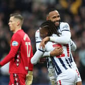 Kyle Bartley celebrates a goal with West Bromwich Albion team-mate Brandon Thomas-Asante - pic: Catherine Ivill/Getty Images