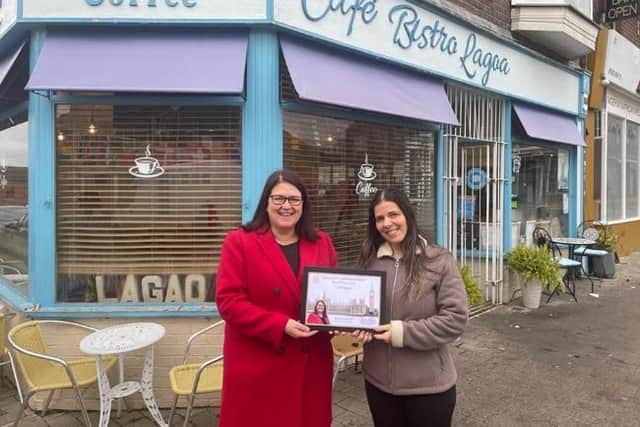 Rachel Hopkins MP with the winner in High Town, Café Lagoa