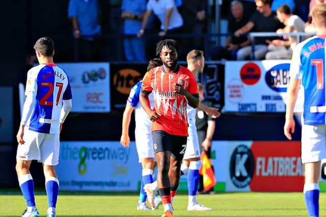 Town attacker Fred Onyedinma enters the fray against Blackburn recently