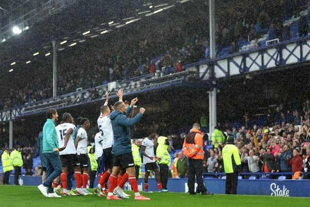 Luton's players celebrate winning at Goodison Park on Saturday - pic: George Wood/Getty Images
