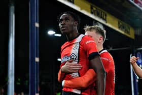 Town striker Elijah Adebayo celebrates scoring against Brighton last month - pic: Liam Smith
