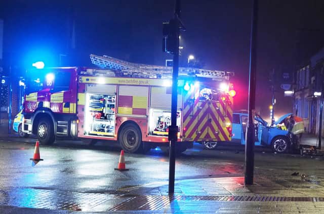 Police and fire service attend the scene of a road incident. Picture: Tony Margiocchi