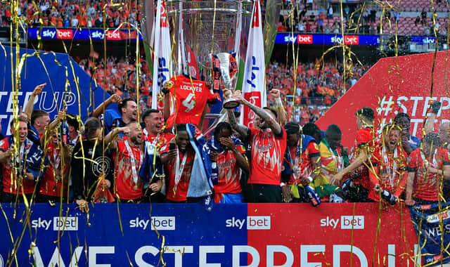 Luton Town celebrate winning the play-off final at Wembley!