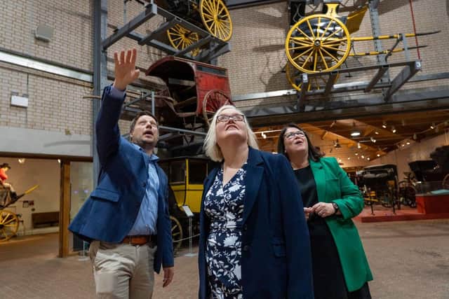 Rachel Hopkins MP and Minister for Museums Baroness Twycross touring the George Mossman carriage collection at Stockwood Discovery Centre