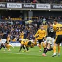 Toti is left unmarked to head home Wolves' second goal against Luton at Molineux - pic: Dan Mullan/Getty Images