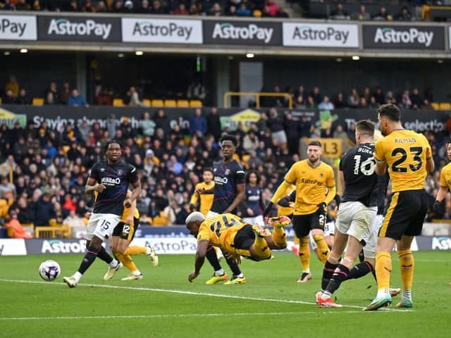 Toti is left unmarked to head home Wolves' second goal against Luton at Molineux - pic: Dan Mullan/Getty Images