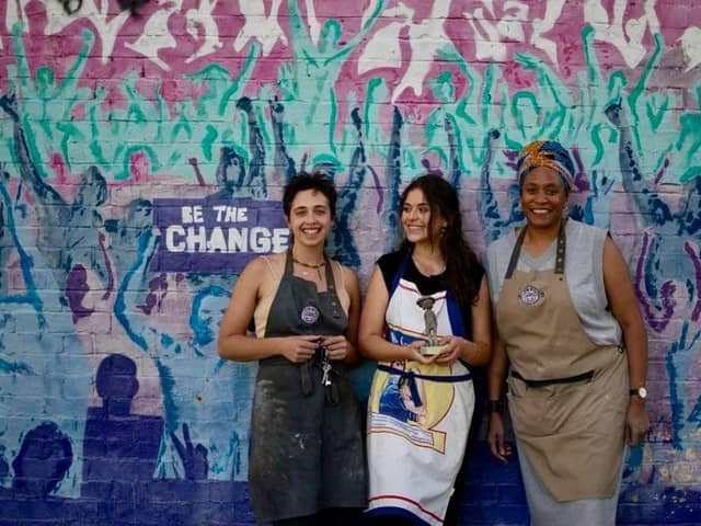 ‘Lugus Ceramics Directors’, Raku Glazing Workshop Summer 2023. From left to right: Snail Adams, Phoebe Heins, and Faye Munroe. Images courtesy and credit, Guillaume Sanchez