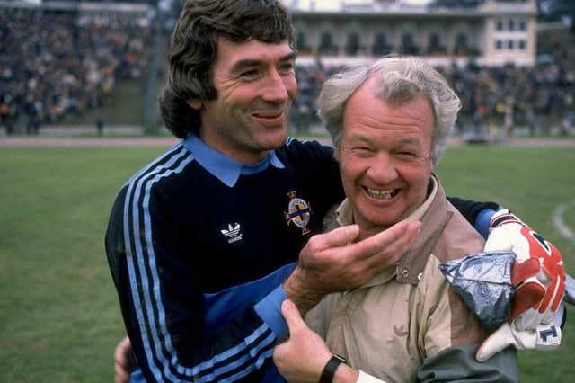 Billy Bingham shares a joke with Pat Jennings before Northern Ireland's World Cup qualifying match against Romania in 1985