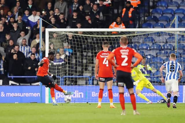 Elijah Adebayo saw his penalty miss the target at Huddersfield on Monday night