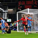 Carlton Morris celebrates scoring his eighth goal of the season against Aston Villa on Saturday - pic: Liam Smith
