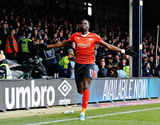 Elijah Adebayo celebrates his goal against Millwall on Saturday