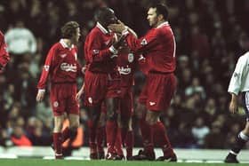 Neil Ruddock celebrates a goal for Liverpool during his playing days at Anfield - pic: Getty Images / Mark Thompson