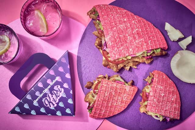 The hot pink kebabs will be served in coconut-infused bread, with doner meats, fresh lettuce, tomato, onion and red cabbage.