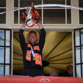 Luton Town boss Rob Edwards holds aloft the Championship play-off winners' trophy - pic: DANIEL LEAL/AFP via Getty Images