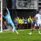 Izzy Jones volleys home at the far post to put Luton ahead against Leeds United - pic: David Horn / PRiME Media Images