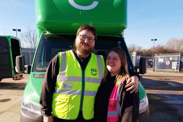 Georgia Borrowdale and her partner Jack, who both work at the AO Logistics outbase in Luton