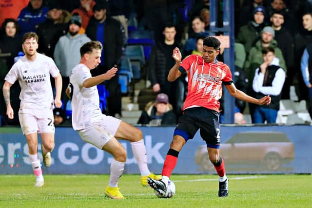 Cody Drameh in action on his debut for Luton