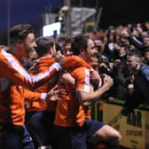 Harry Cornick and Danny Hylton celebrate a goal during Luton's 2-0 win at Forest Green Rovers back in December 2017