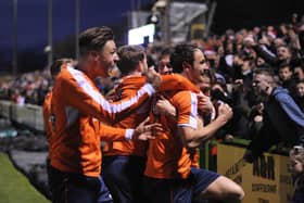Harry Cornick and Danny Hylton celebrate a goal during Luton's 2-0 win at Forest Green Rovers back in December 2017