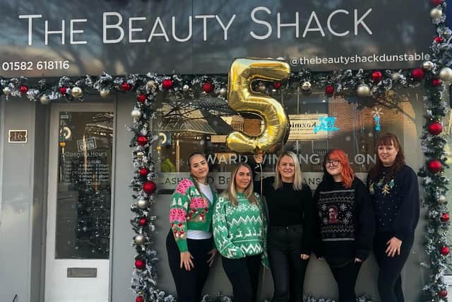 Louise Appleton, Daisy Folland, Lauren Martin, Holly Howard, Sam Russell outside of The Beauty Shack in Dunstable - one of the three salons in Luton and Dunstable that were shortlisted for awards.