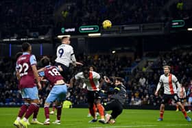Carlton Morris gets up to head home Luton's equaliser at Burnley - pic: Gareth Copley/Getty Images