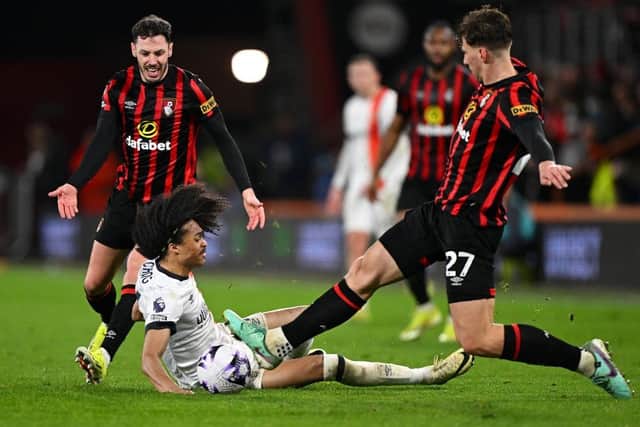 Tahith Chong is about to collide with AFC Bournemouth's Illya Zabarnyi after being fouled by Adam Smith - pic: Mike Hewitt/Getty Images