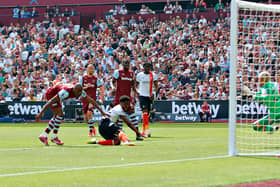 Sambi Lokonga heads home his first goal for Luton at West Ham on Saturday - pic: Liam Smith