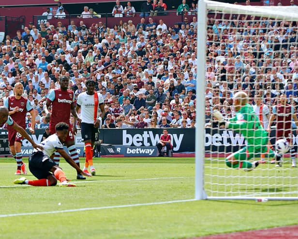 Sambi Lokonga heads home his first goal for Luton at West Ham on Saturday - pic: Liam Smith