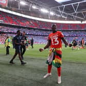Marvelous Nakamba rejoices with the Hatters fans at Wembley - pic: ADRIAN DENNIS/AFP via Getty Images