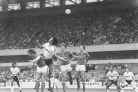 Paul Elliott wins a header as Luton beat Nottingham 1-0 back in 1983 - pic: Hatters Heritage