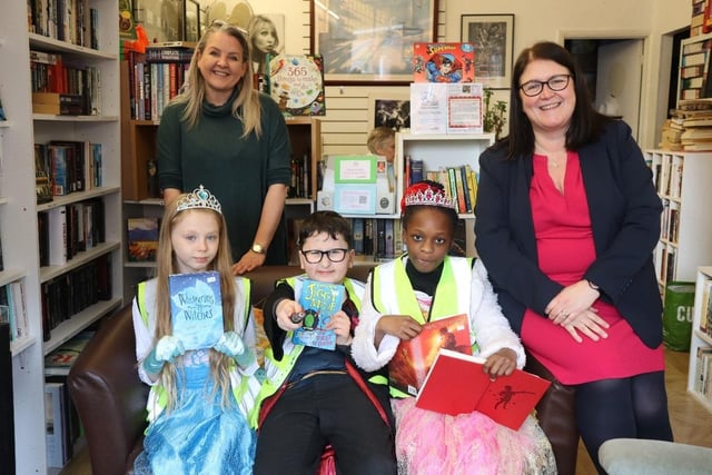 Rachel Hopkins MP and Mariana Brown, from Brown Books in High Town, with pupils from St Matthews. Picture: Rachel Hopkins MP