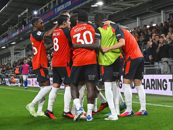 Luton celebrate Callum Marshall's stunning strike against Stockport - pic: Andy Fitzsimons