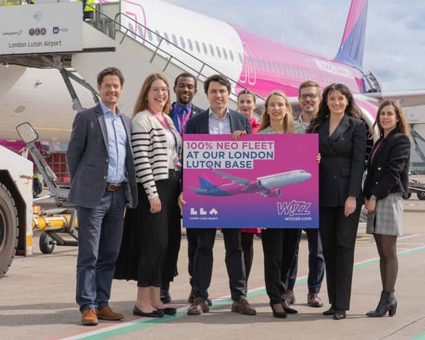 LLA CEO Alberto Martin and Wizz Air UK MD Marion Geoffroy with colleagues from LLA and the airline.
