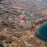An aerial view of residential lots and luxury hotels in the Hadaba district of the Egyptian Red Sea resort city of Sharm el-Sheikh  (Photo by KHALED DESOUKI/AFP via Getty Images)