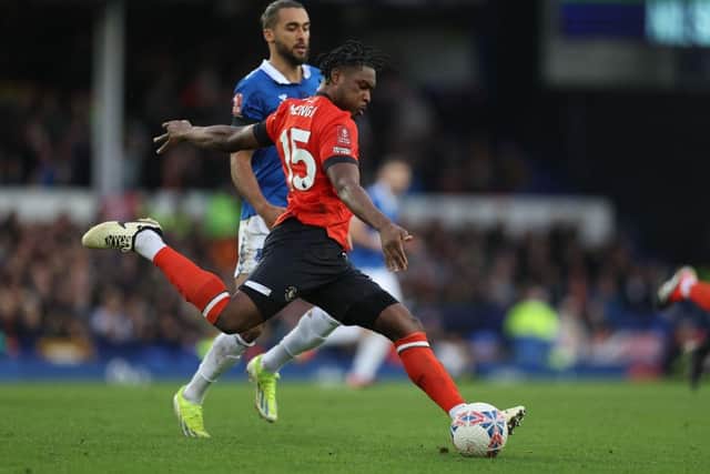 Teden Mengi gets the ball clear during Luton's 2-1 FA Cup win at Everton on Saturday - pic: Clive Brunskill/Getty Images