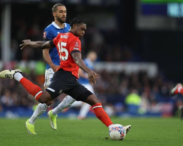Teden Mengi gets the ball clear during Luton's 2-1 FA Cup win at Everton on Saturday - pic: Clive Brunskill/Getty Images