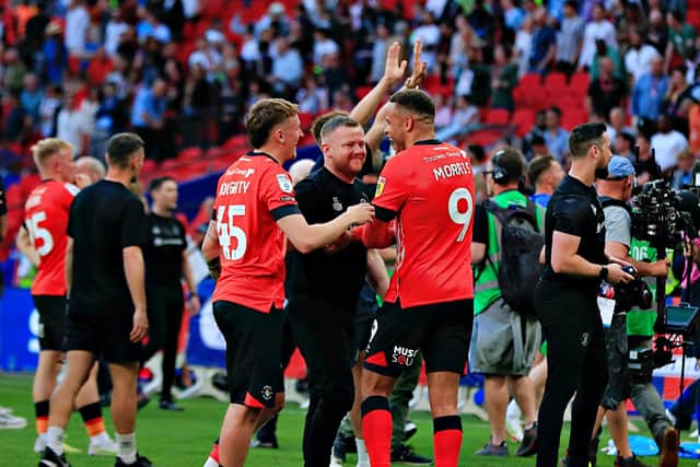 Carlton Morris celebrates with Alfie Doughty at Wembley
