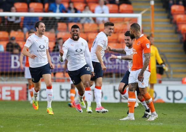 Isaac Vassell celebrates scoring for Luton against Blackpool in May 2017