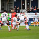 Jason Cummings scores Luton's late leveller against Blackpool in April 2019