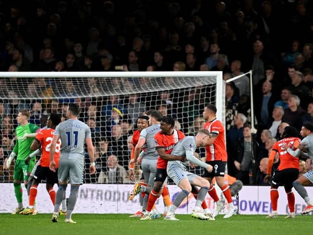Teden Mengi fouls Jarrad Branthwaite to give away a penalty against Everton in Town's 1-1 draw last night - pic: Shaun Botterill/Getty Images