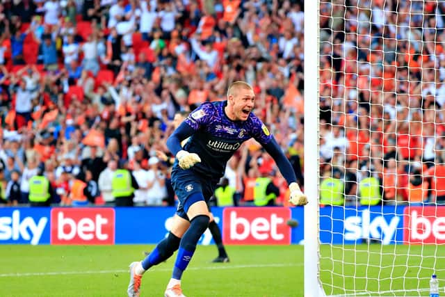 Ethan Horvath celebrates Luton's penalty shootout win over Coventry City