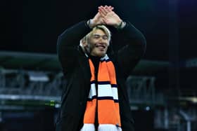 New Luton signing Daiki Hashioka greets the Luton fans at half time on Tuesday - pic: Liam Smith