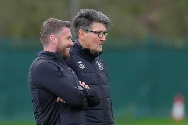 New Luton manager Rob Edwards and chief recruitment officer Mick Harford watch training - pic: David Horn / PRiME Media Images