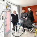 Pedalling towards a more sustainable future - Central Beds councillor Antonia Ryan demonstrates just how much power is required. Also in the pic (from left) mayor Yvonne Farrell, Cllr Susan Goodchild, Cllr Antonia Ryan (on bike) and sales adviser Jade.