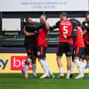 Luton celebrate Callum Marshall's injury time winner against Leicester - pic: David Horn