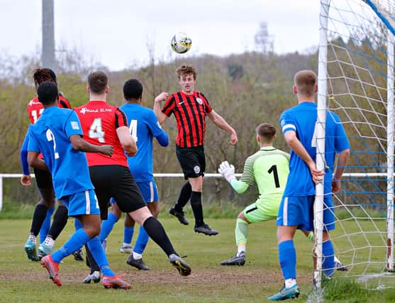 Benji Crilley scores Dunstable's second goal at Oxhey Jets