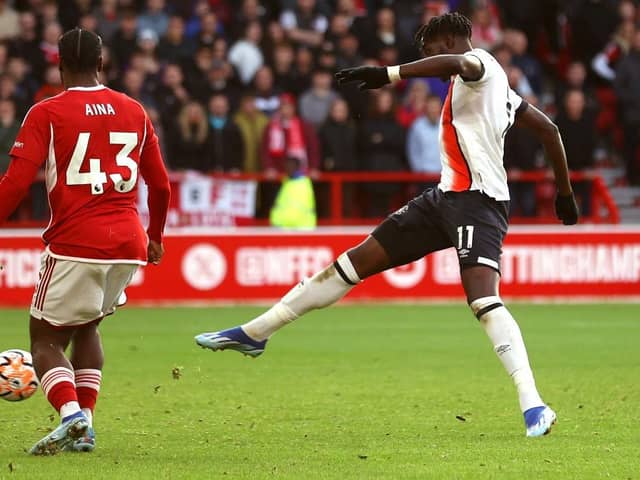 Elijah Adebayo makes it 2-2 in injury time with a terrific finish at Nottingham Forest - pic: Alex Pantling/Getty Images