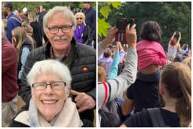 Left: Bev Creagh and her husband Andrew and Right: the crowd at Hyde Park