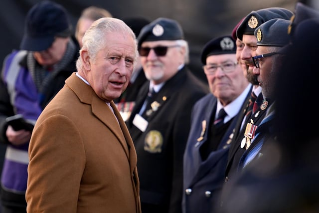 King Charles III meets veterans outside Luton Town Hall. (Photo by Leon Neal/Getty Images)